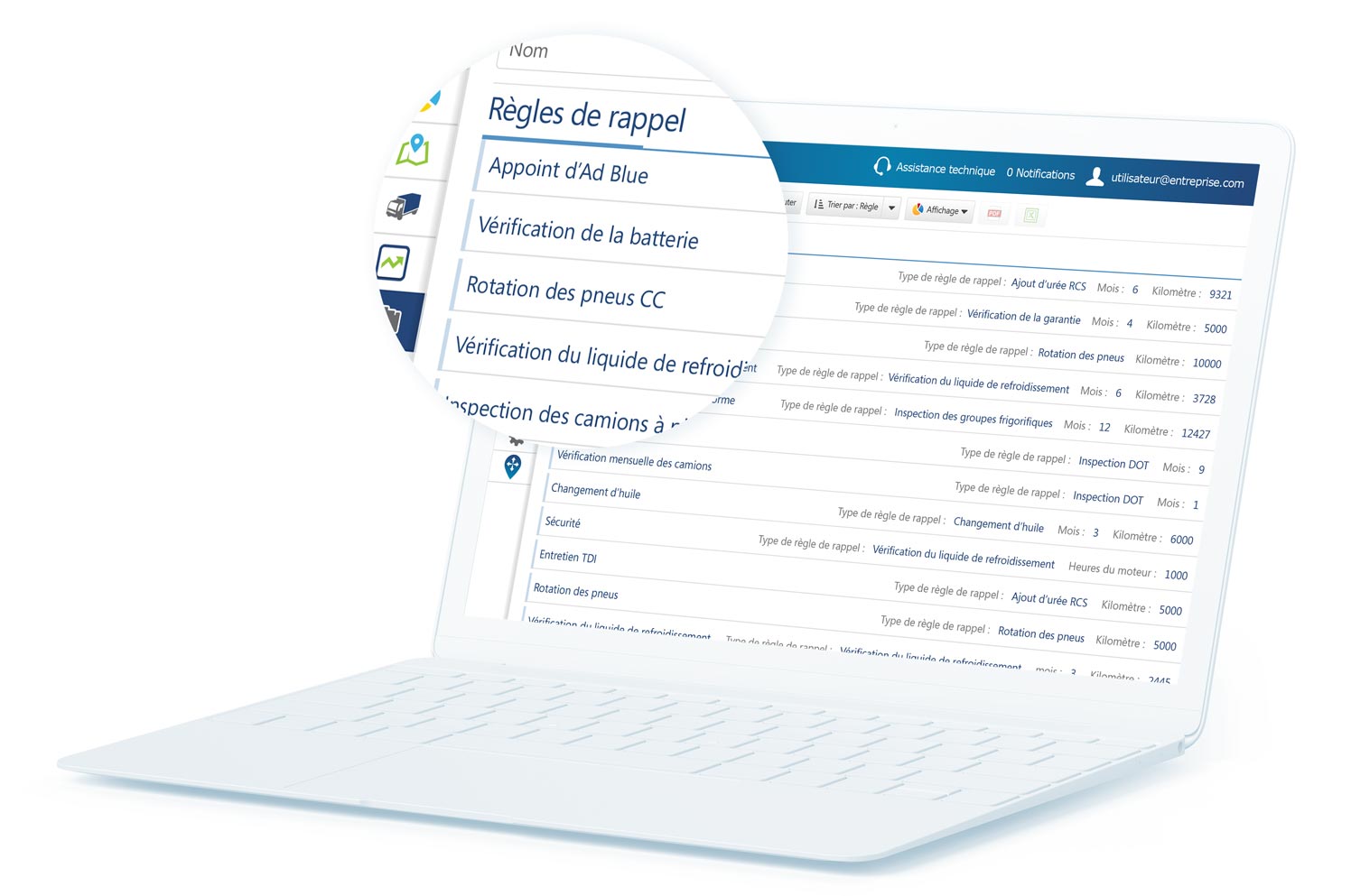 Règles de rappel d’entretien MyGeotab affichées sur un ordinateur portable blanc avec certains contenus agrandis