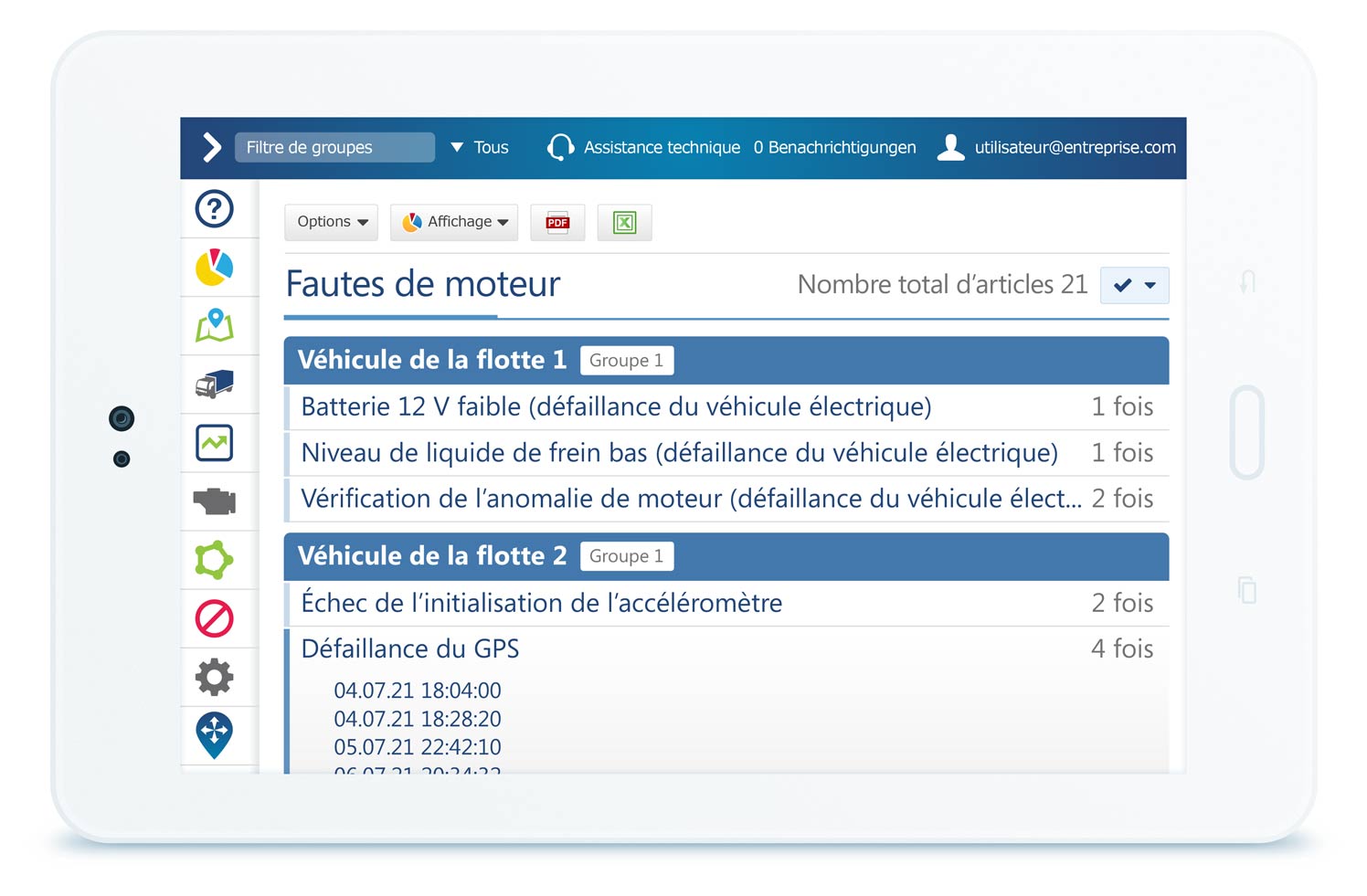 Tablette affichant le tableau de bord des fautes de moteur MyGeotab