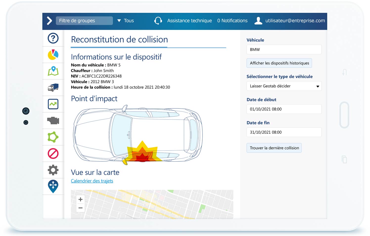 Rapport de reconstruction de collision dans MyGeotab Rapport de collision dans l’IU MyGeotab sur une tablette blanche