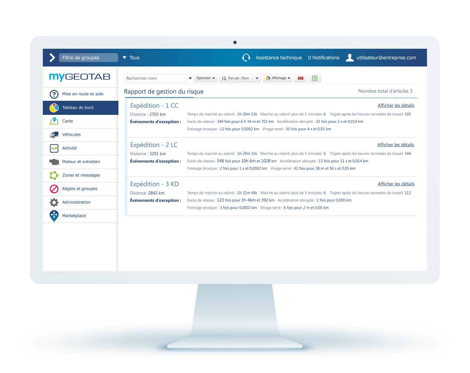Rapport de gestion des risques dans MyGeotab Rapport de gestion du risque dans l’IU MyGeotab sur un écran d’ordinateur de bureau