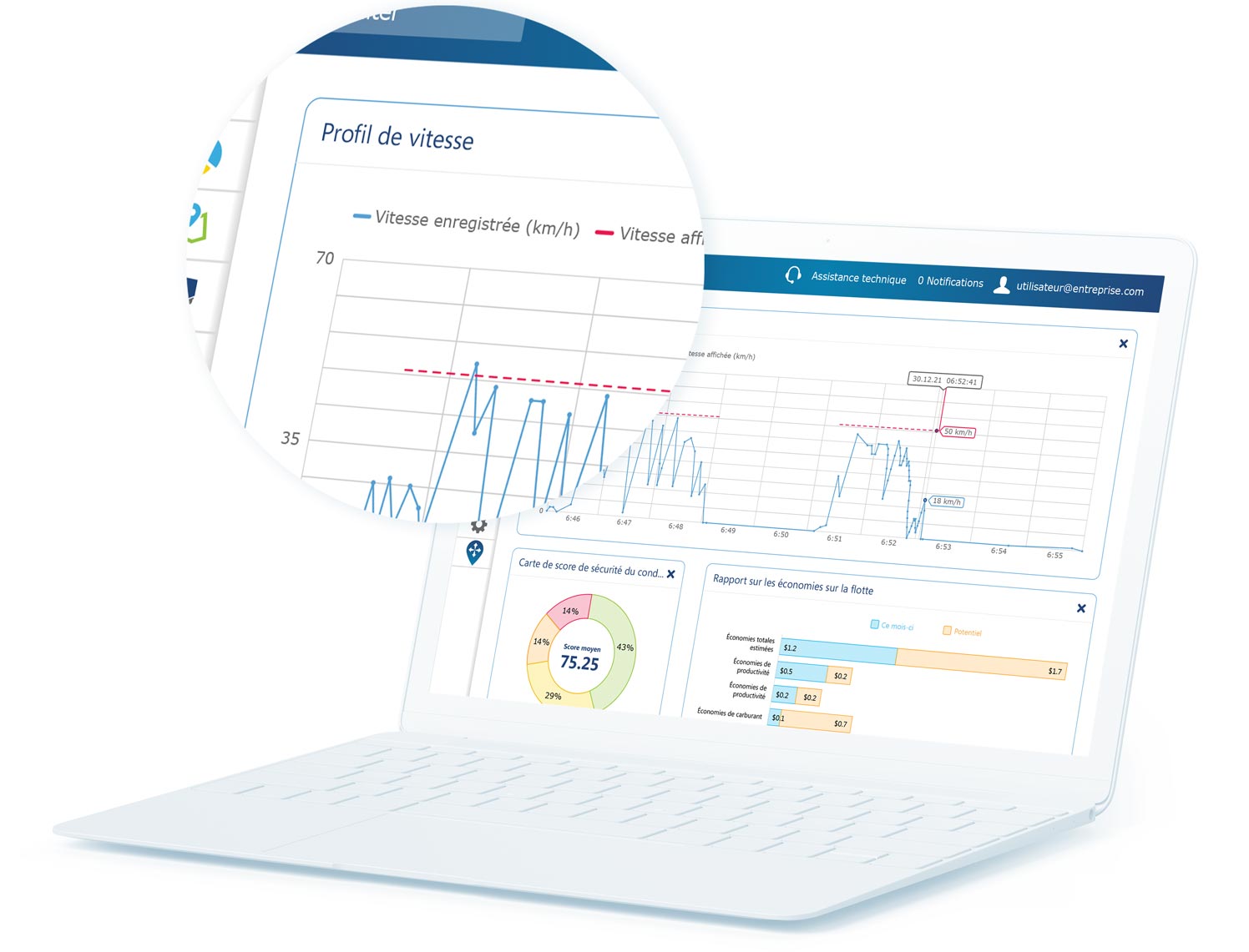 Rapport de profil de vitesse dans MyGeotab Rapport du profil de vitesse dans l’IU MyGeotab sur un ordinateur portable blanc