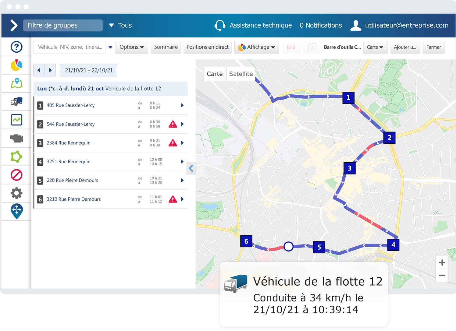 Rapport sur l’historique des trajets dans l’IU MyGeotab dans une fenêtre de navigateur