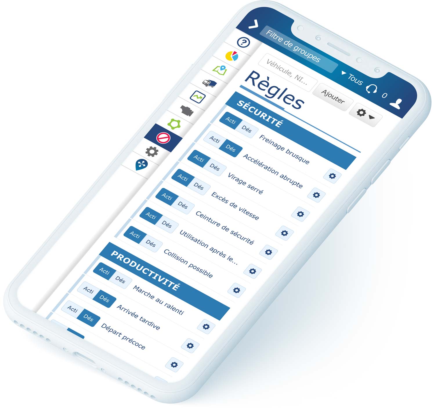 Section Règles dans MyGeotab sur téléphone portable blanc