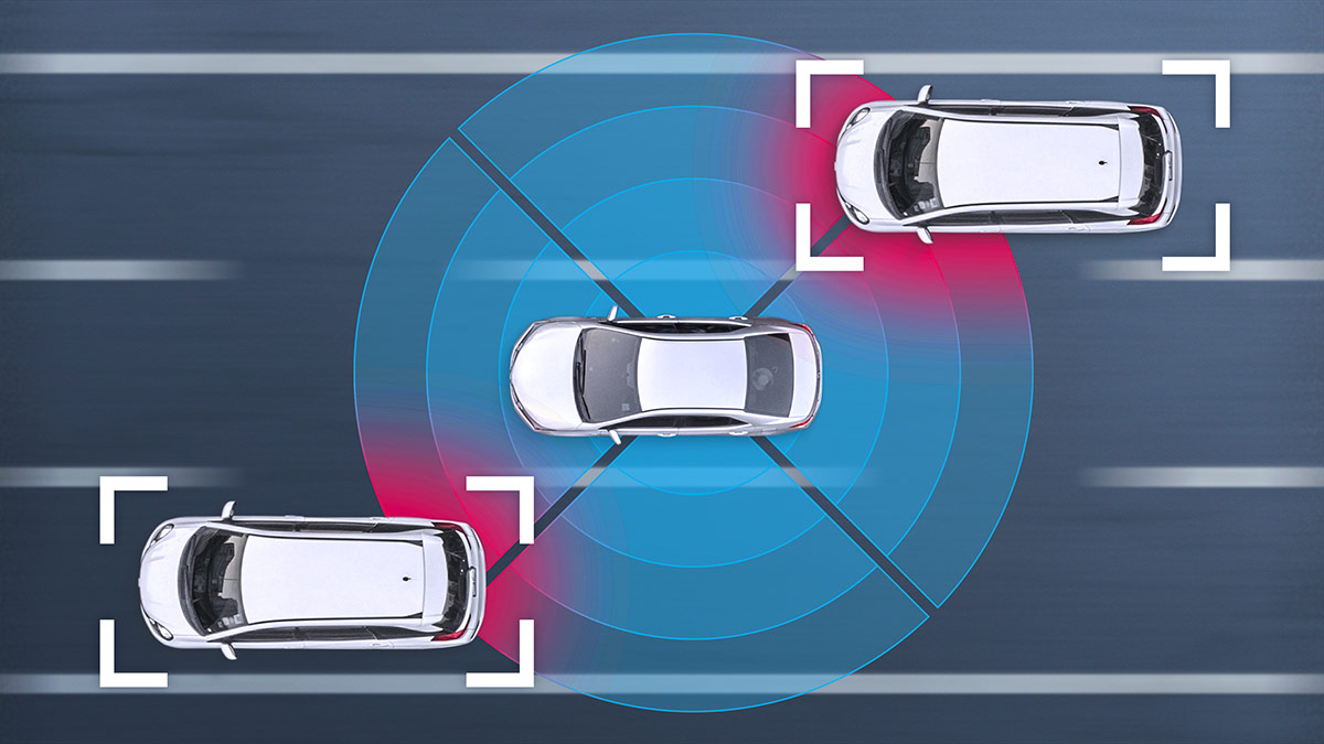 Bird's eye view of 3 white vehicles with a proximity sensor illustration indicating 360 degree awareness