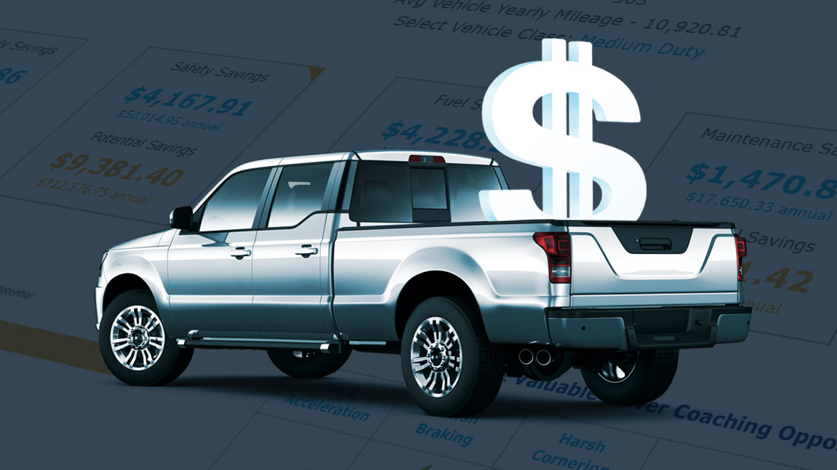 Pick up truck with big white dollar symbol in the cargo bed