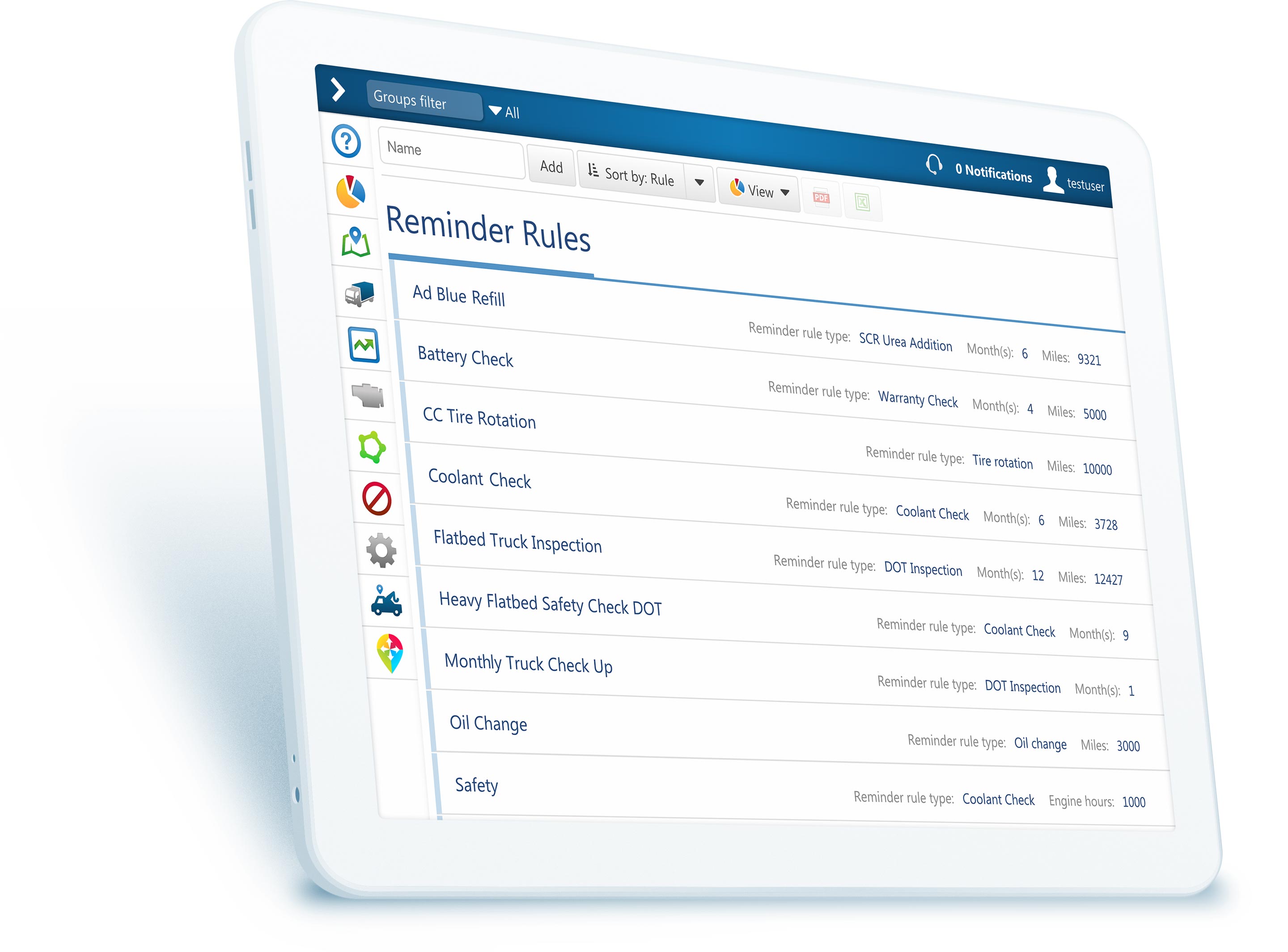 MyGeotab's reminder rules shown on a white iPad.