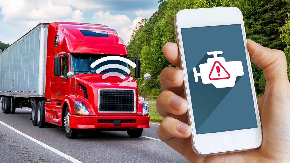 Smartphone displaying a check engine symbol and a red commercial truck driving on a road with a graphic of a wifi symbol emerging from the hood of the truck