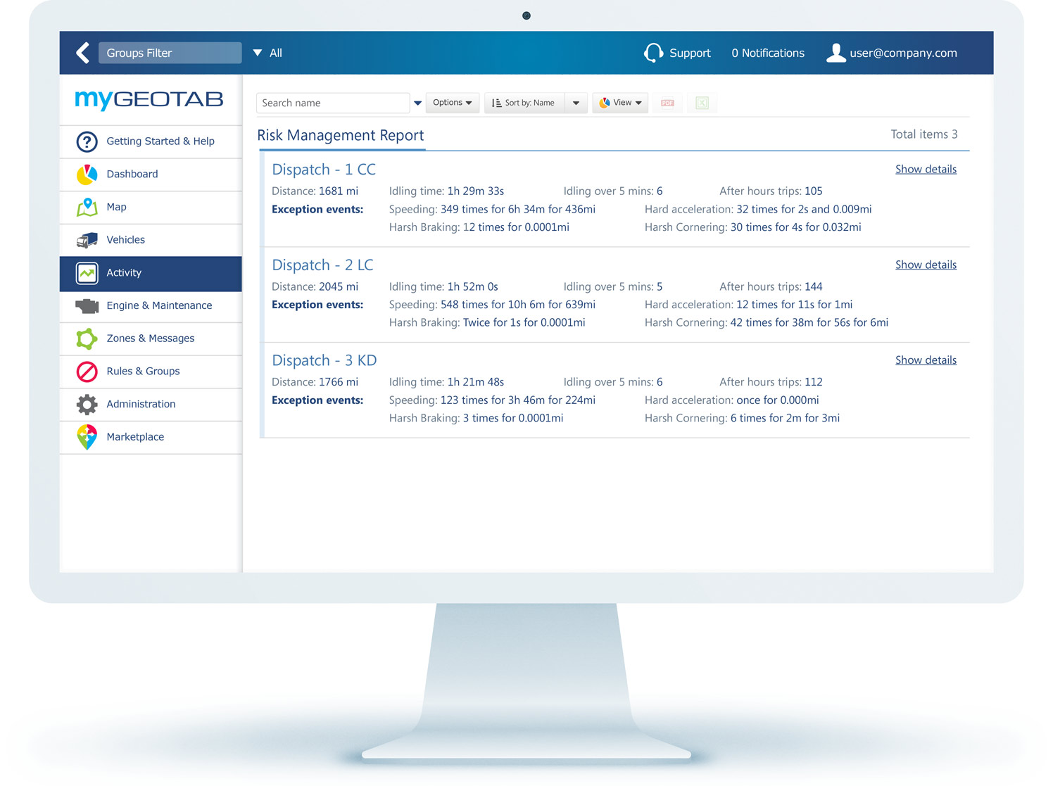 Risk management report in MyGeotab Risk management report in MyGeotab UI on a desktop computer monitor
