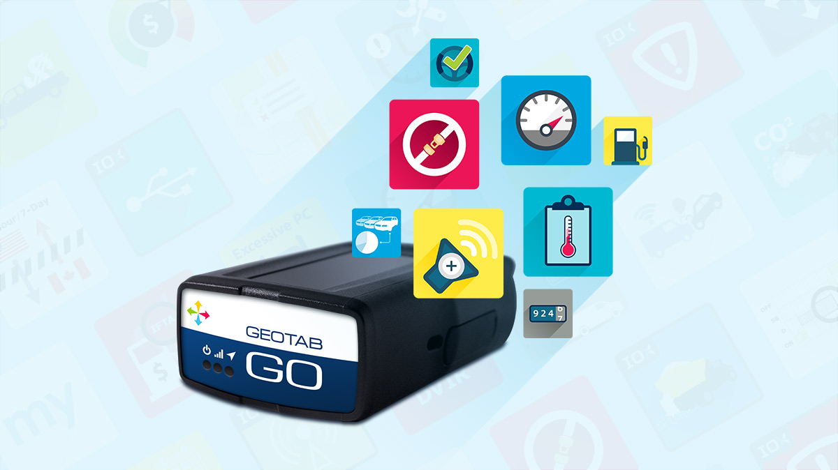 Image of Marketplace icons above a Geotab GO device