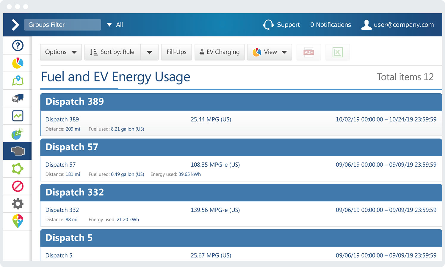 Fuel and EV energy usage report in MyGeotab Fuel and EV energy usage report on MyGeotab interface