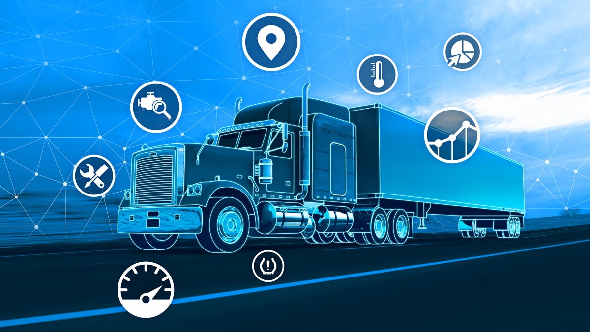 Placeholder Title Illustration of a truck surrounded by Geotab's pillar icons