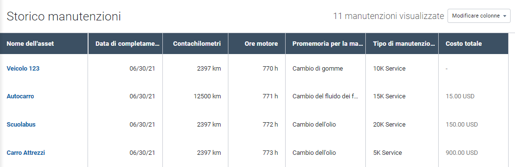 Storico manutenzioni MyGeotab