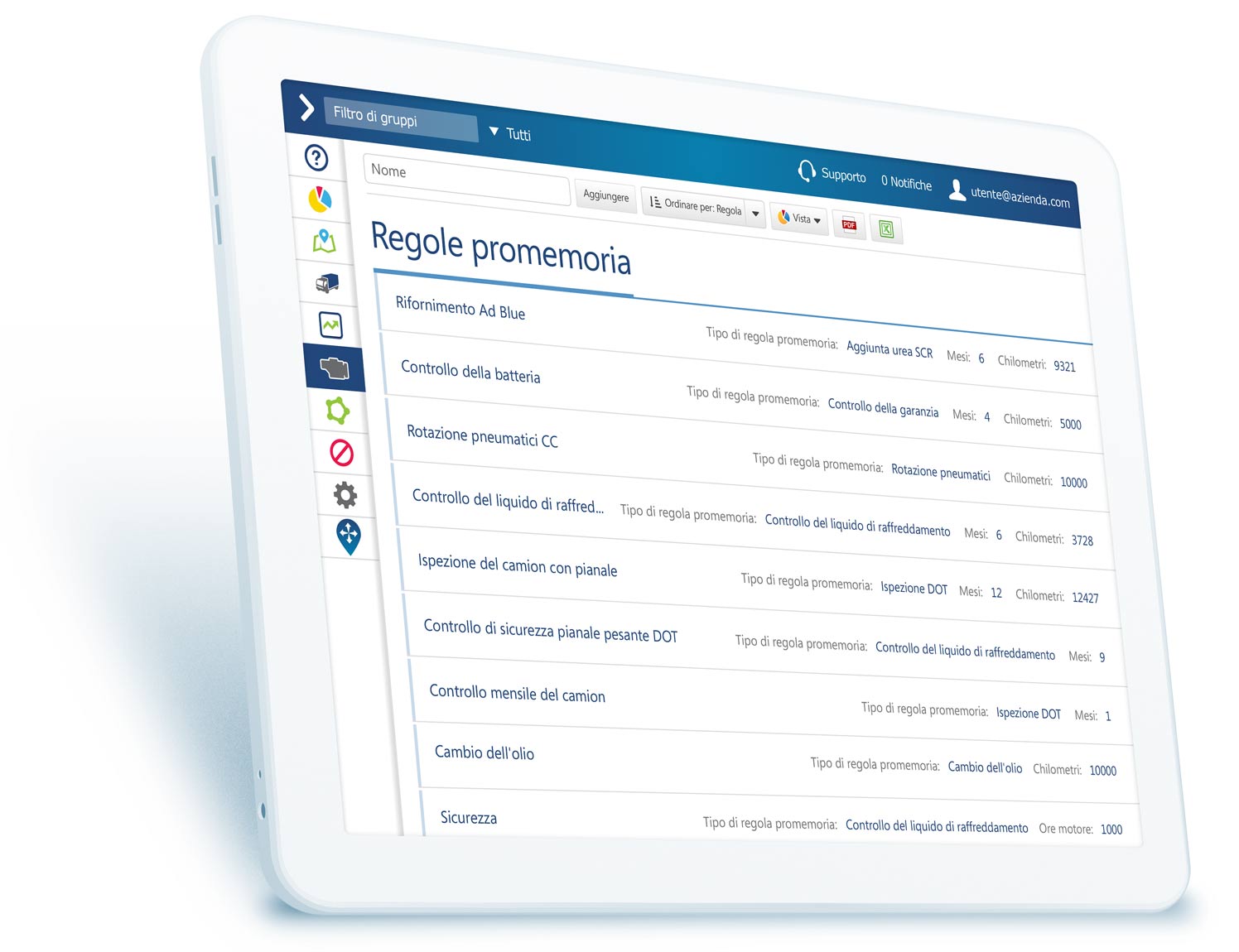 Regole promemoria di MyGeotab su un iPad bianco.