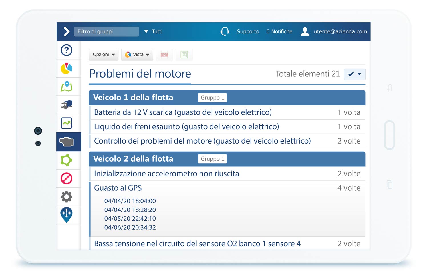 Tablet displaying MyGeotab engine faults dashboard