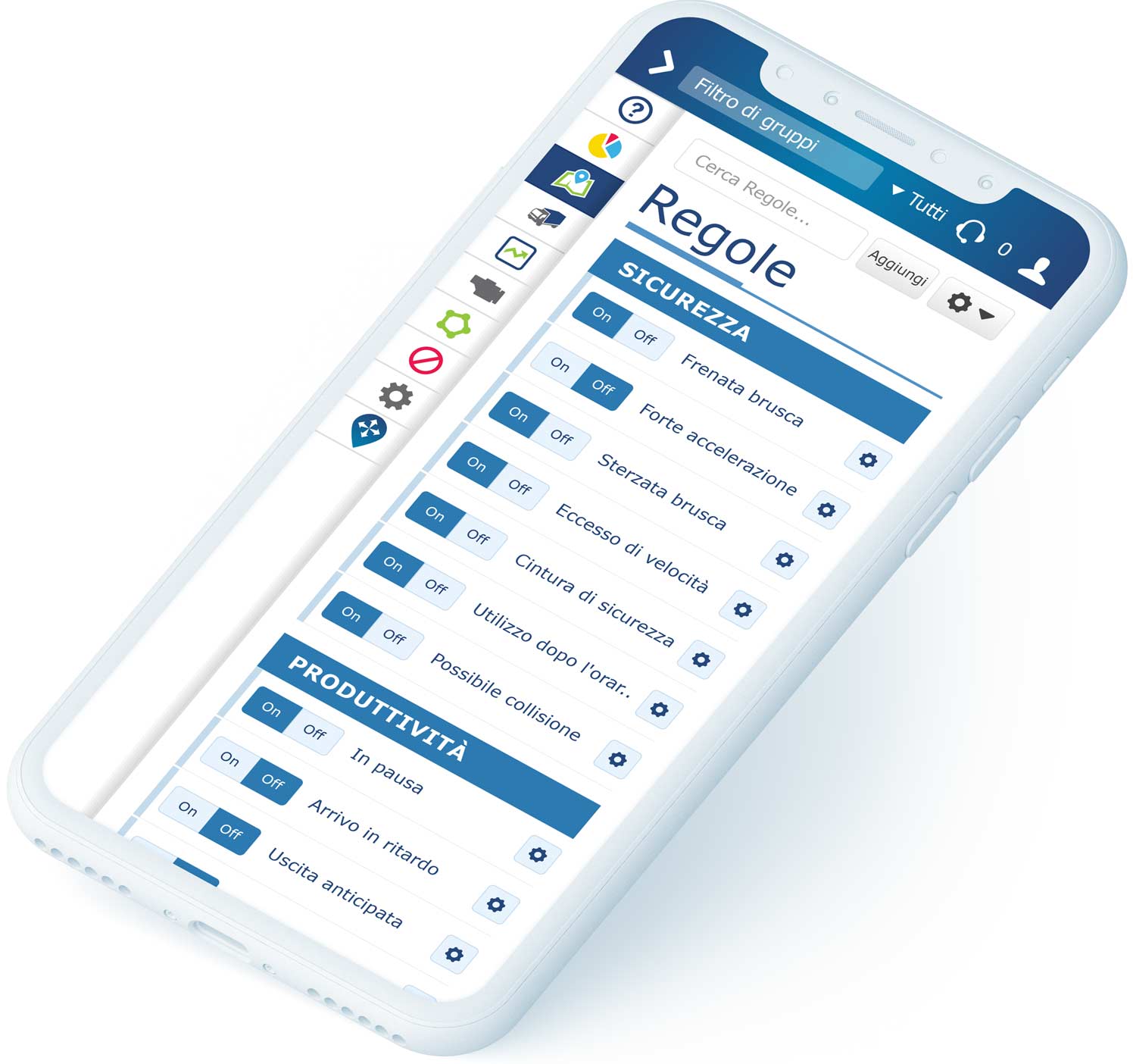 Sezione Regole in MyGeotab su telefono cellulare bianco