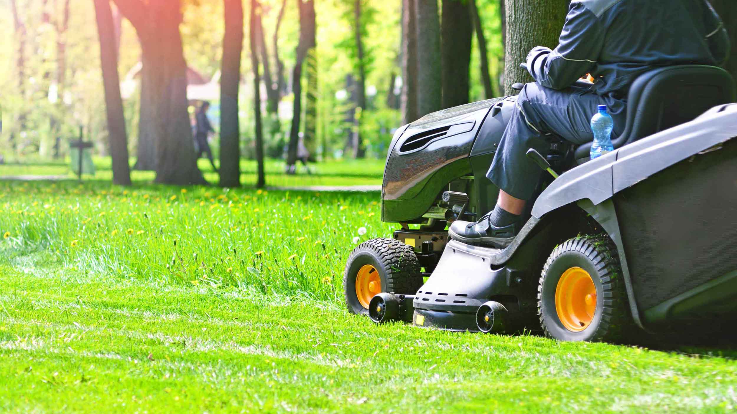 Person on a riding mower trimming green grass