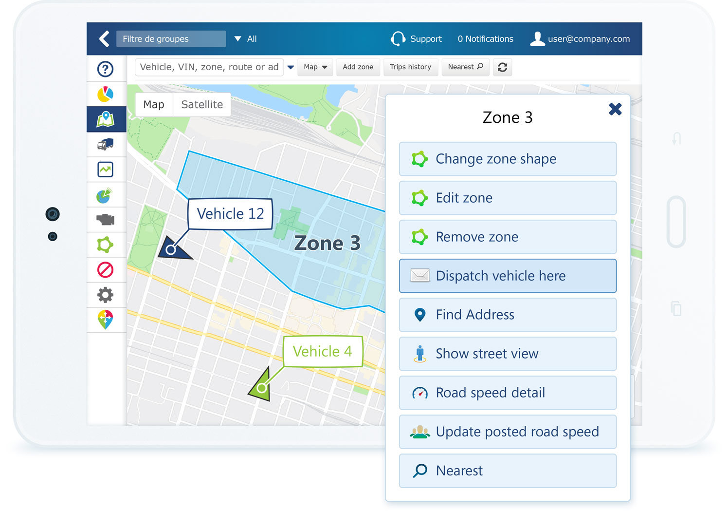 Real-time Dispatching in MyGeotab MyGeotab displaying real-time information for dispatch drivers.