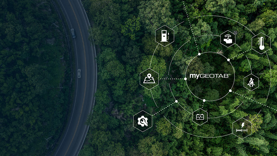 A web diagram linking the various solutions connected to the MyGeotab platform over a forest background.