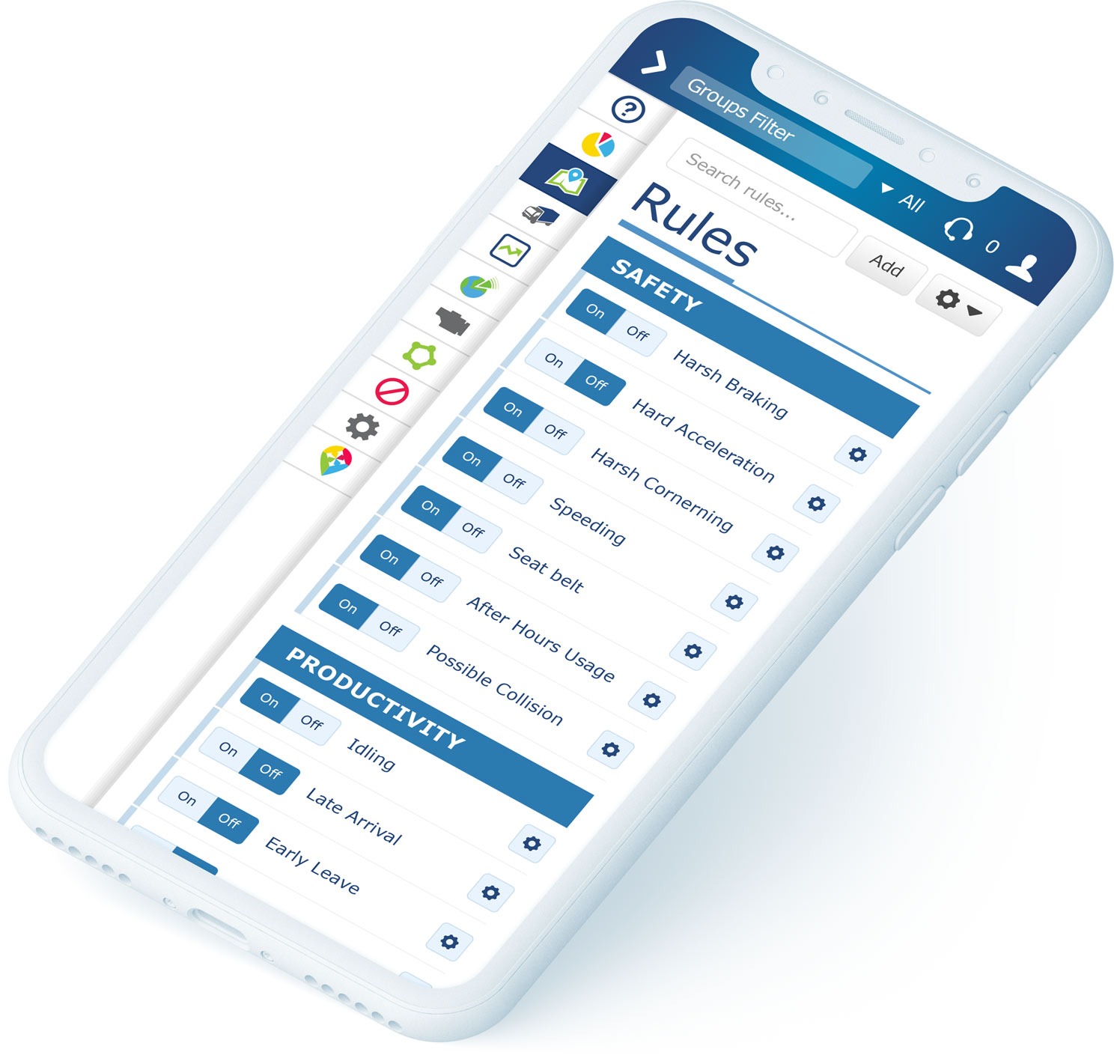 Rules section in MyGeotab Rules section in MyGeotab on white mobile phone