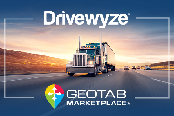Drivewyze and Geotab Marketplace logos in front of a semi truck