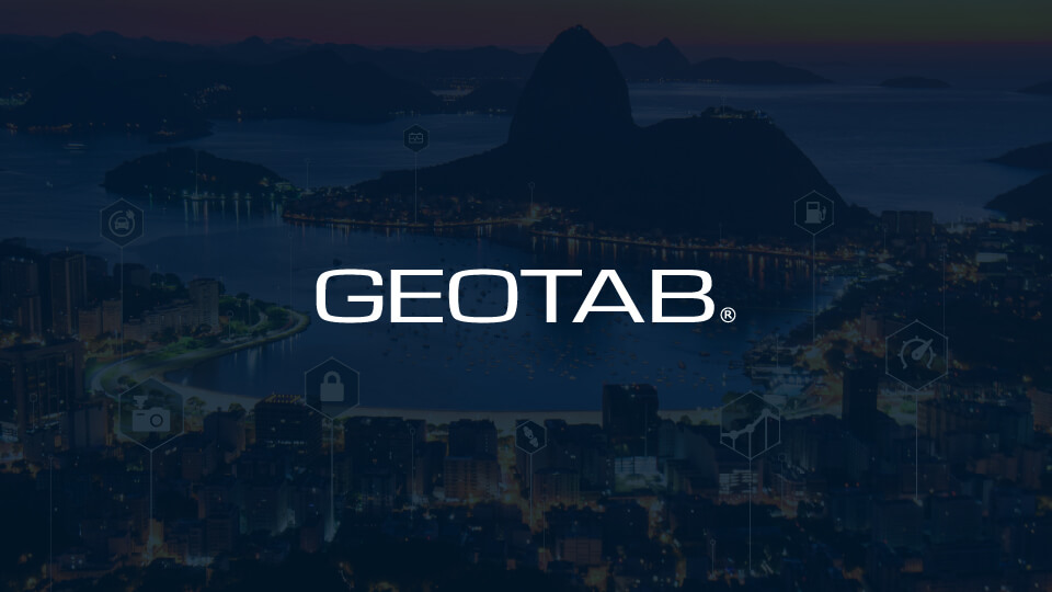 Geotab logo on dark blue background of Brazil landscape