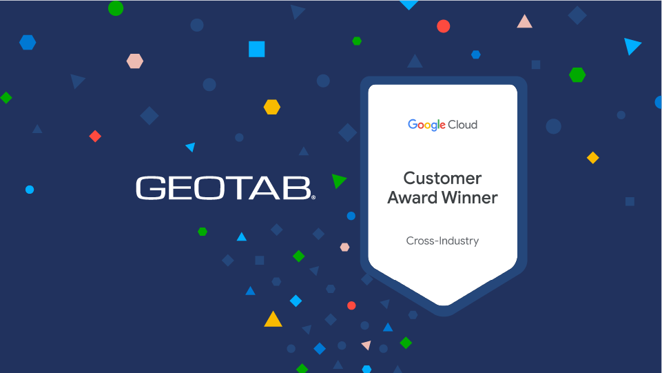 Geotab and Google Cloud Award logo on dark blue background with colored confetti