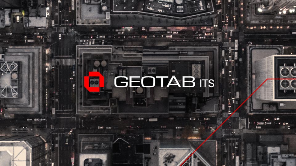 Geotab ITS logo on a birds eye view of a city 