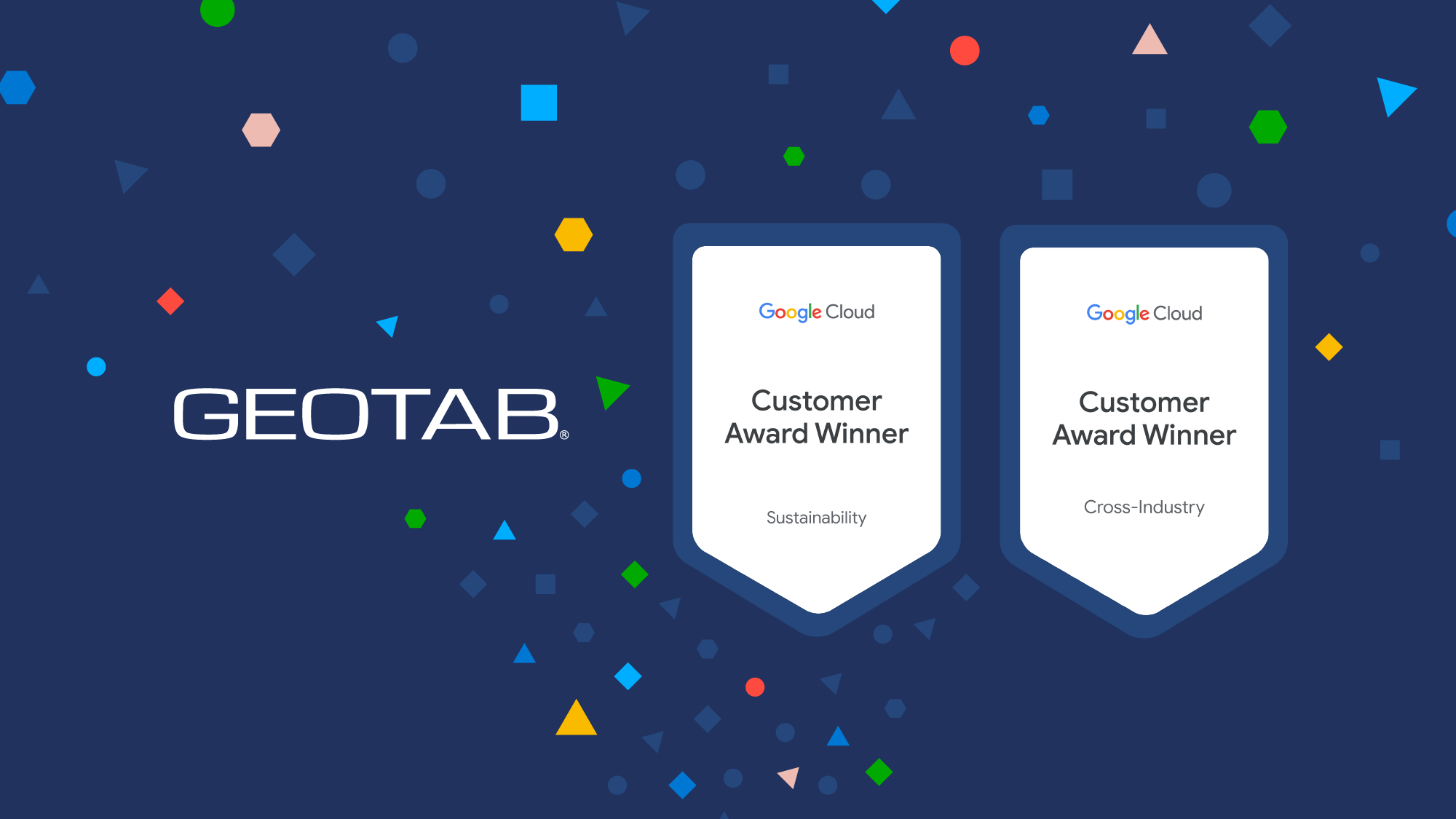 Geotab logo on dark blue background with confetti beside Google Cloud award badges for sustainability and cross-industry