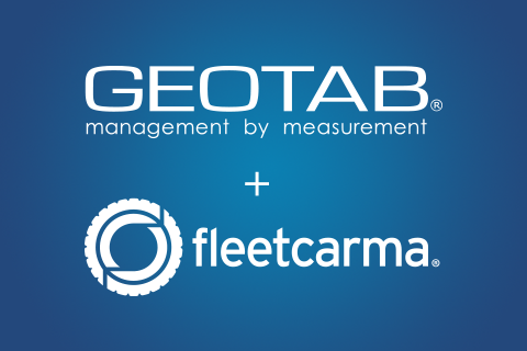 Geotab and FleetCarma logo on blue background