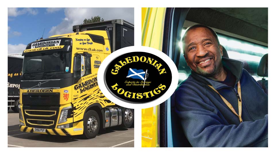 Caledonian Logistics Logo beside man driving yellow truck