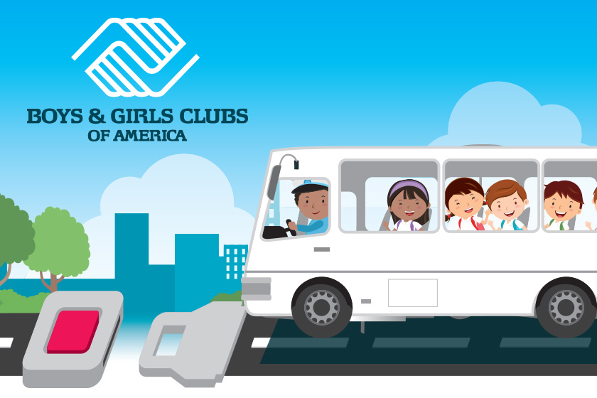 Illustration of children on a bus with a blue sky background