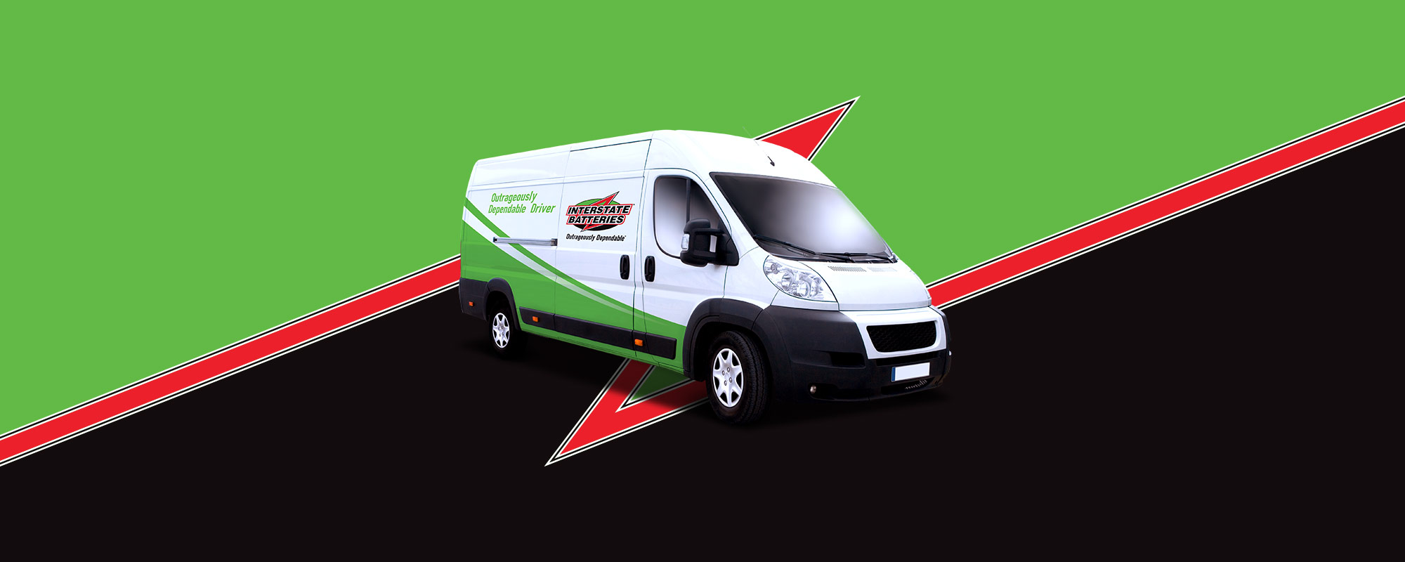 Interstate Batteries-branded van on a green and black background