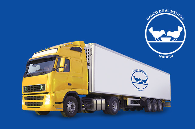 Yellow and white transport truck with blue background and logo in right hand corner. 