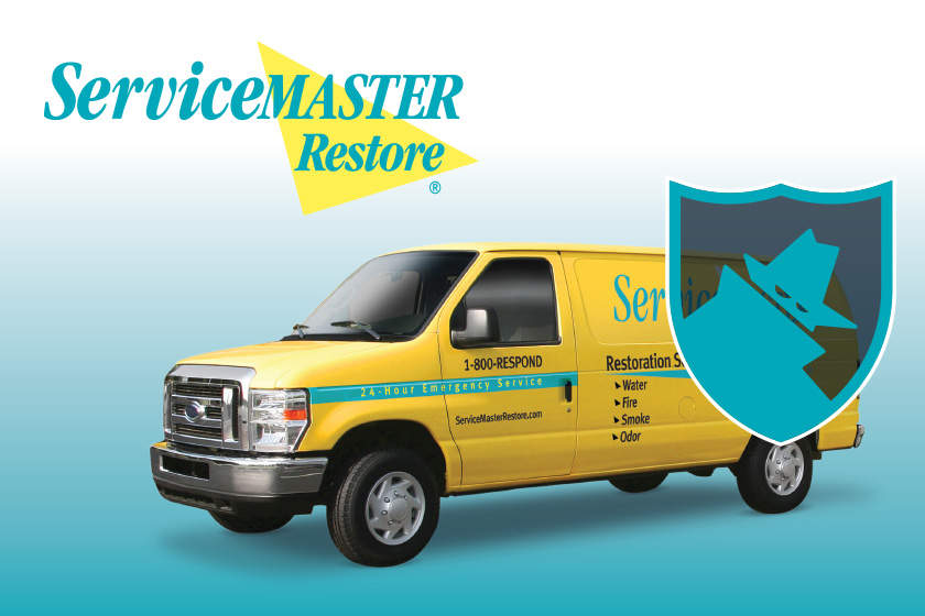 Yellow ServiceMaster van on a white and blue background with the ServiceMaster logo above it