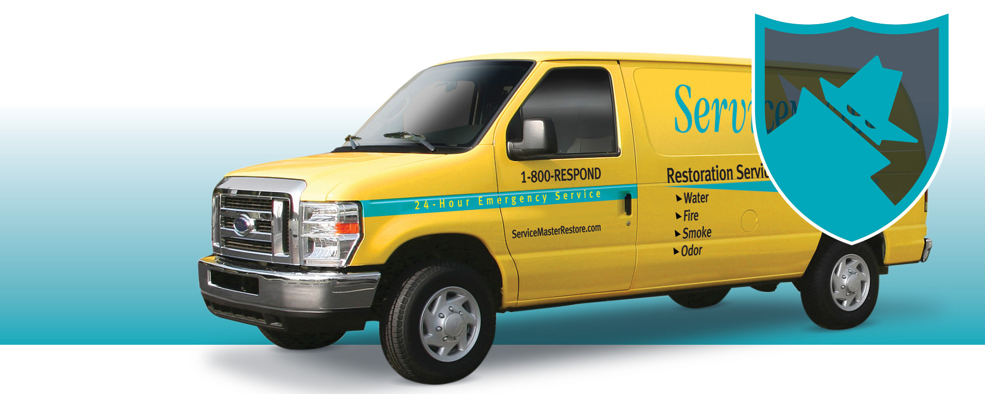 Yellow ServiceMaster van on a white and blue background with the ServiceMaster logo above it