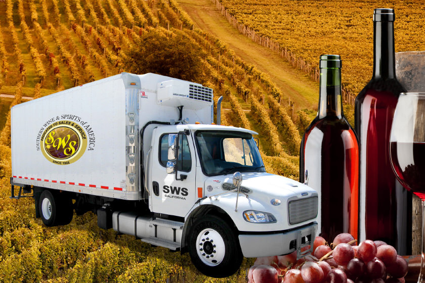 Southern Wine and Spirits truck in a field with bottles of wine superimposed beside it