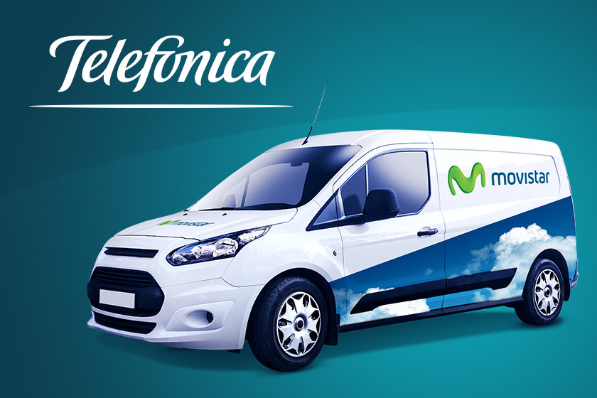 Telefonica branded van on a blue background
