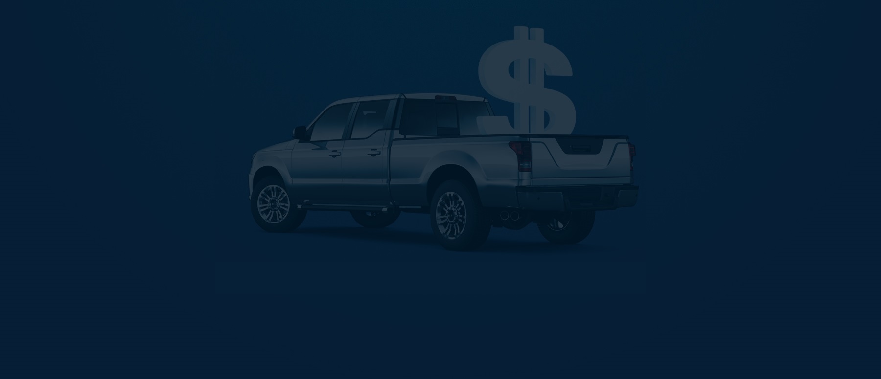 Silver truck with a dollar sign in the cargo bed and a blue background.