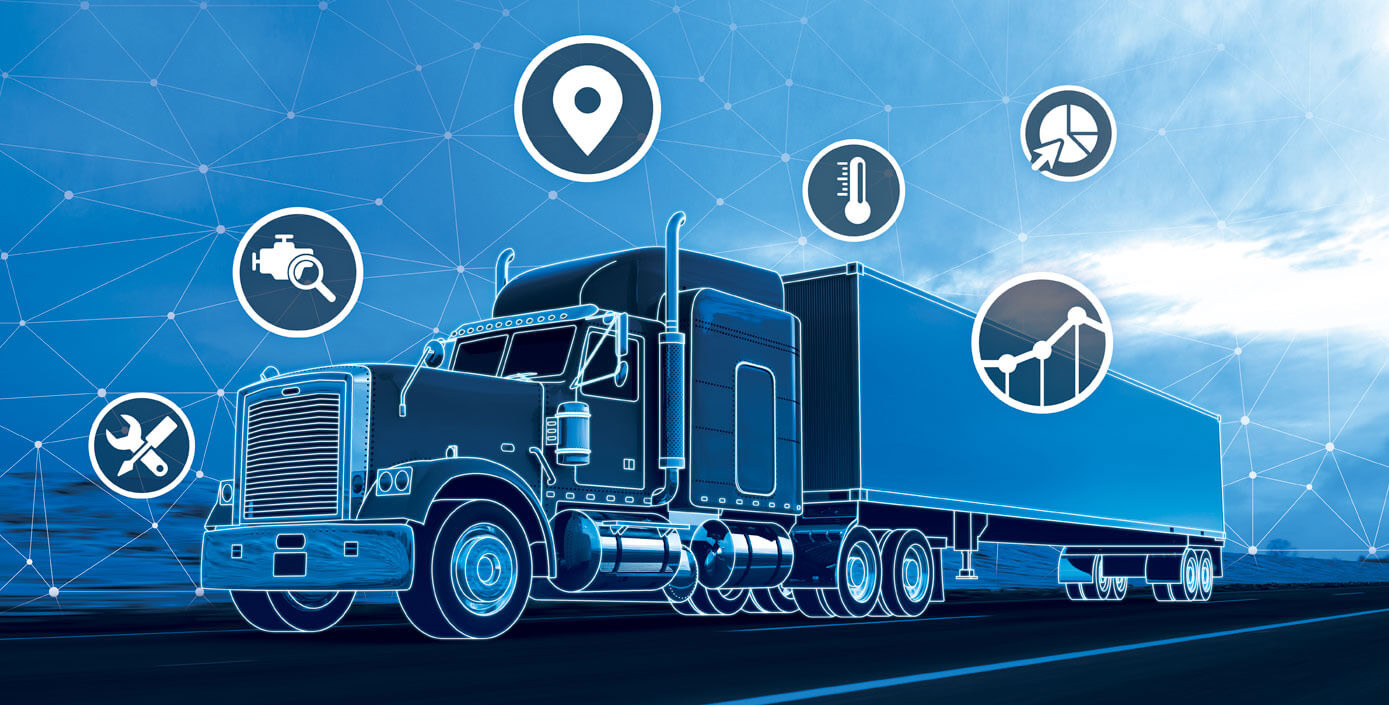 Blue transport truck with icons surrounding it.