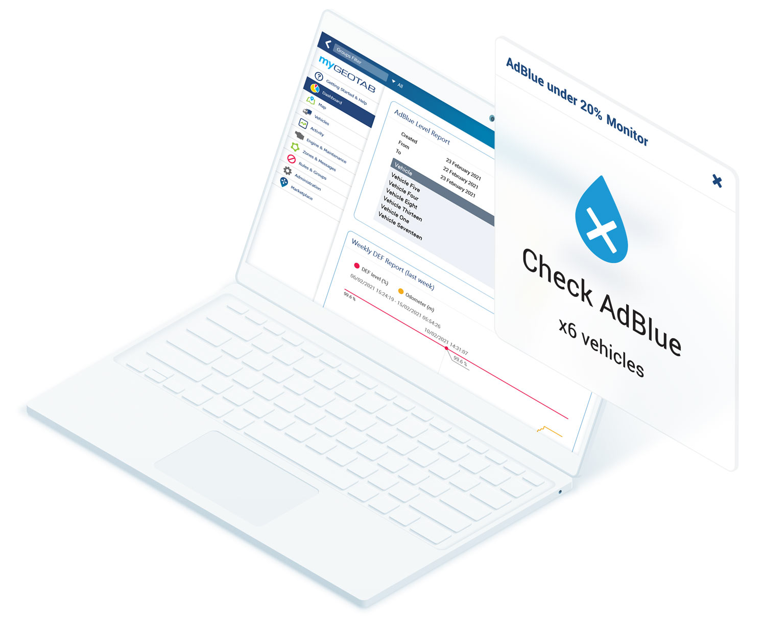 Komputer pokazujący, jak sprawdzić poziom AdBlue w MyGeotab