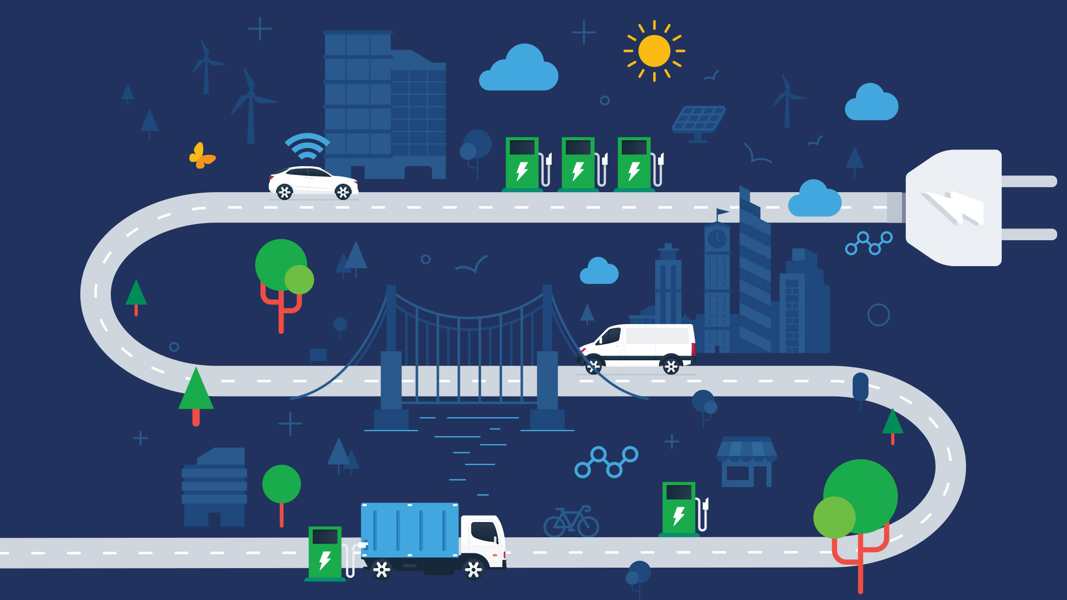 Dark blue background with cartoon image of plug in the form of a road.