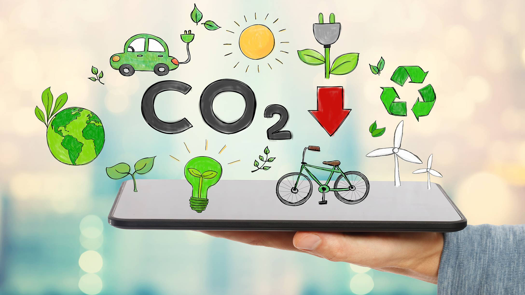 Tablet with sustainability icons.