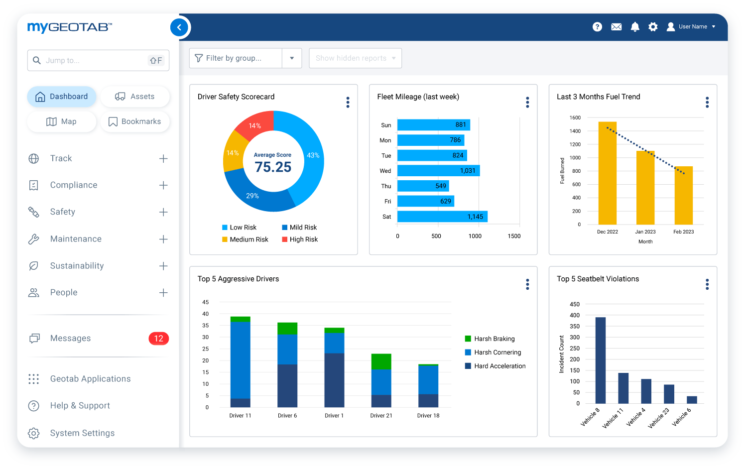 Driver scorecard graph and rankings on MyGeotab interface