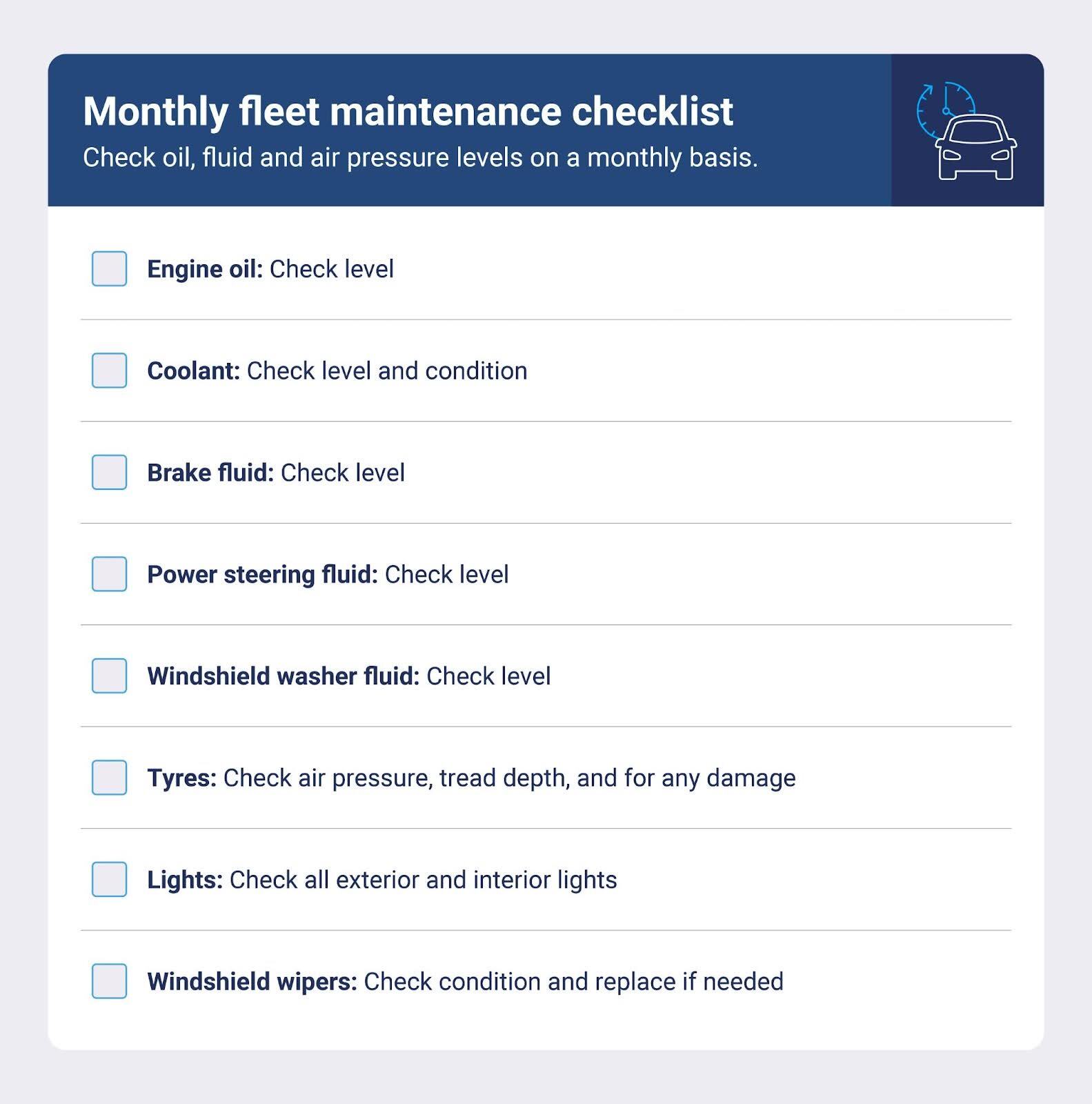 Monthly fleet maintenance checklist showing fluid, tire, lighting, and windshield checks