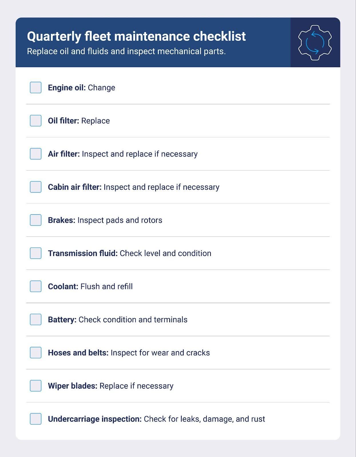 Quarterly fleet maintenance checklist covering oil, filters, brakes, transmission fluid, and battery checks