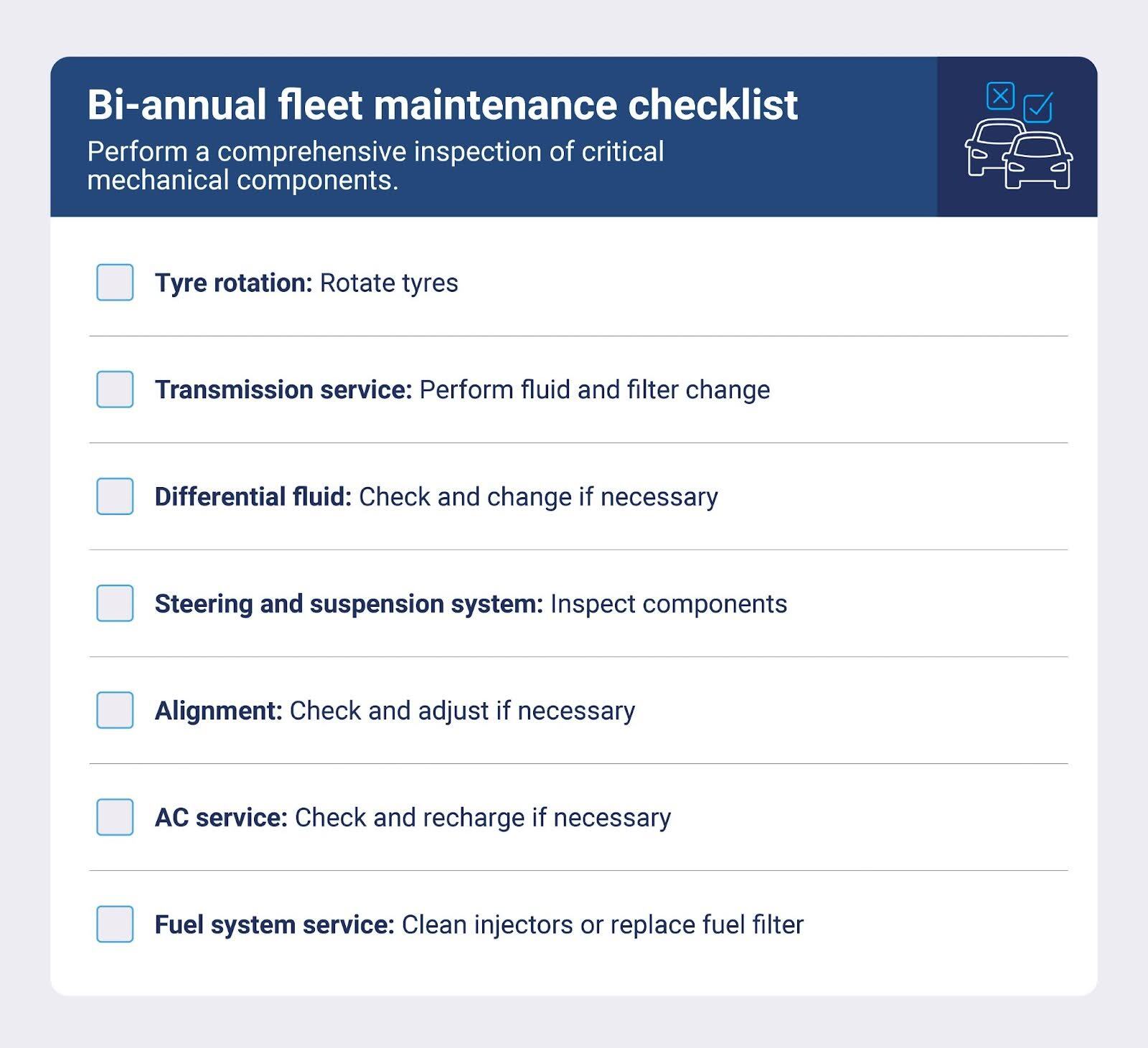 Bi-annual fleet maintenance checklist covering tires, transmission, steering, suspension, alignment, and fuel systems