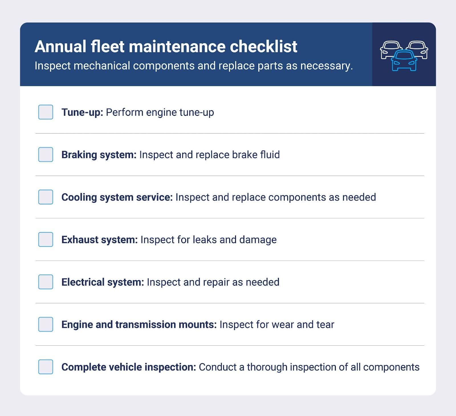 Annual fleet maintenance checklist covering tune-up, braking, cooling, exhaust, electrical, and complete inspection tasks