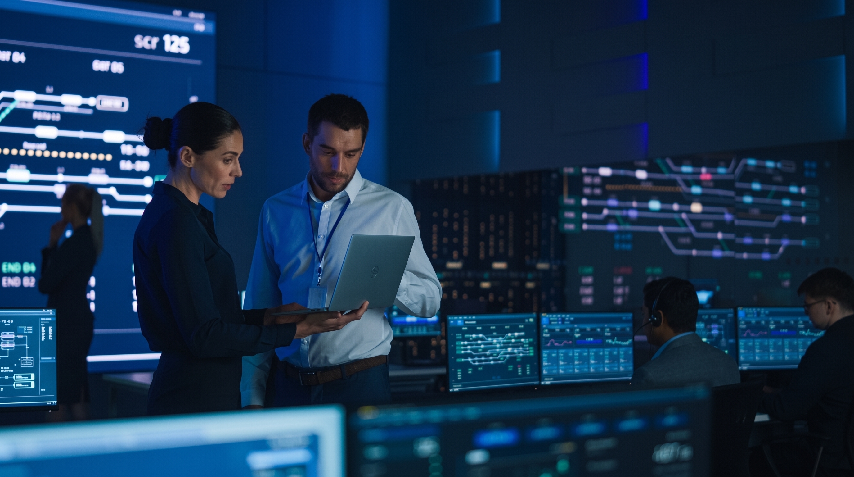 two people in front of screen looking at computer