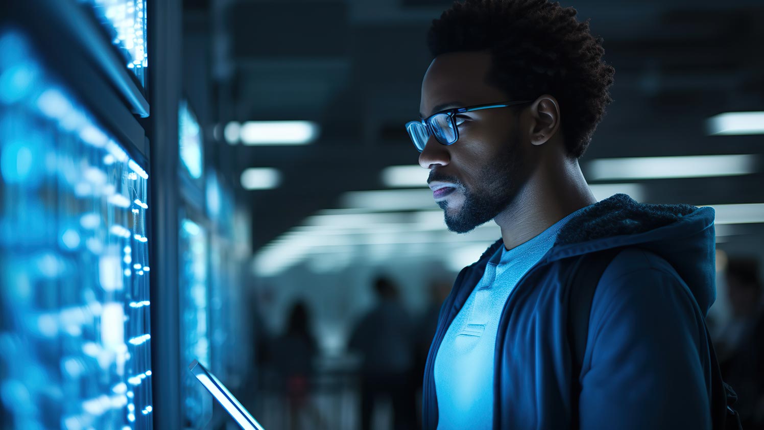 man standing infront a data center