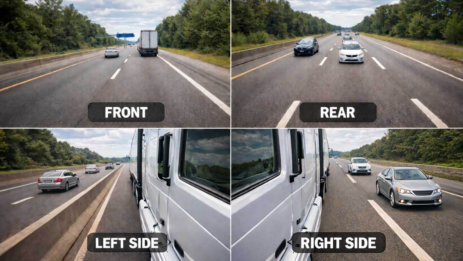 Quad-view display from GO Focus Pro showing 360-degree auxiliary camera coverage